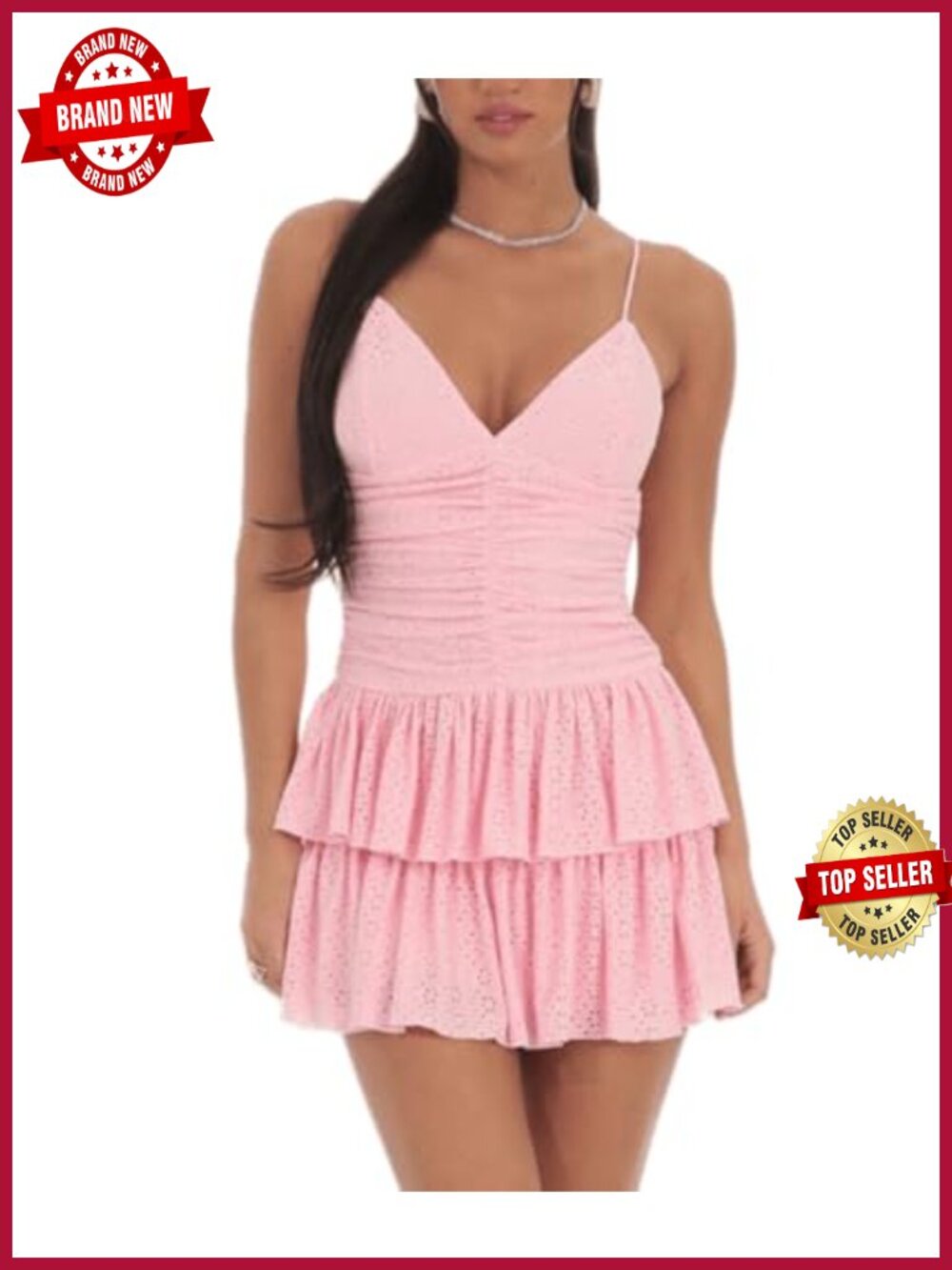 YOXUA Deep V-Neck Spaghetti Strap Tiered Mini Dress Ruffle Hem Summer Casual
